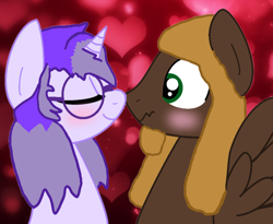 Size: 1008x828 | Tagged: safe, artist:amgiwolf, artist:mellow91, imported from derpibooru, oc, oc:glass sight, oc:mellow rhythm, pegasus, unicorn, beard, blushing, couple, cute, duo, eyes closed, facial hair, female, flustered, glasses, heart, heart background, love, male, mare, nuzzling, oc x oc, ocbetes, shipping, smiling, stallion, wavy mouth