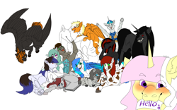 Size: 3856x2411 | Tagged: safe, artist:anelaponela, imported from derpibooru, oc, oc:agricola, oc:keupoz, oc:nub, oc:queen stan, bat pony, changeling, cow, earth pony, pegasus, pony, unicorn, ear fluff, leonine tail, looking at you, sharp teeth, smiley face, smiling, teeth