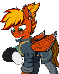 Size: 2000x2500 | Tagged: artist needed, safe, artist:tatykin, imported from derpibooru, oc, oc only, oc:blaze fury, pegasus, pony, fallout equestria, clothes, cosplay, costume, ear fluff, ear piercing, earring, eyebrows, eyebrows visible through hair, folded wings, freckles, glasses, high res, jewelry, jumpsuit, lidded eyes, male, piercing, pipboy, pipbuck, raised hoof, simple background, solo, stallion, vault suit, white background, wings