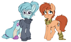 Size: 1993x1172 | Tagged: safe, artist:rexyseven, derpibooru exclusive, imported from derpibooru, oc, oc only, oc:rusty gears, oc:whispy slippers, earth pony, pony, derpibooru community collaboration, 2021 community collab, clothes, female, freckles, glasses, heterochromia, mare, scarf, simple background, slippers, sock, socks, striped socks, sweater, transparent background, turtleneck