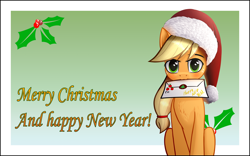 Size: 8000x5000 | Tagged: safe, alternate version, artist:colourwave, imported from derpibooru, applejack, earth pony, pony, absurd resolution, christmas, cute, delivery, female, happy new year, hat, holiday, jackabetes, letter, letter in mouth, mare, merry christmas, mouth hold, new year, postcard, santa hat, sitting