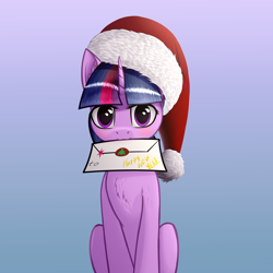 Size: 5000x5000 | Tagged: safe, alternate version, artist:colourwave, imported from derpibooru, twilight sparkle, pony, unicorn, absurd resolution, blushing, christmas, cute, delivery, female, gradient background, happy new year, hat, holiday, letter, letter in mouth, looking at you, mare, merry christmas, mouth hold, new year, santa hat, simple background, sitting, solo, twiabetes, unicorn twilight