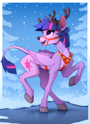 Size: 1730x2370 | Tagged: safe, artist:yakovlev-vad, imported from derpibooru, twilight sparkle, deer, deer pony, original species, peryton, reindeer, antlers, deerlight sparkle, eyebrows, eyebrows visible through hair, female, ice, jingle bells, leonine tail, open mouth, raised hoof, reindeer antlers, reindeerified, reins, slim, smiling, snow, solo, species swap, wings