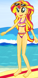 Size: 1172x2391 | Tagged: safe, artist:majkashinoda626, imported from derpibooru, sunset shimmer, equestria girls, barefoot, beach, belly button, bikini, clothes, cropped, cute, feet, female, shimmerbetes, solo, sunglasses, surfboard, swimsuit