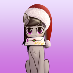 Size: 5000x5000 | Tagged: safe, alternate version, artist:colourwave, imported from derpibooru, octavia melody, earth pony, pony, unicorn, absurd resolution, christmas, cute, delivery, female, happy new year, hat, holiday, letter, letter in mouth, mare, merry christmas, mouth hold, new year, santa hat, simple background, sitting, solo