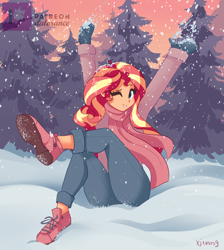 Size: 2190x2448 | Tagged: source needed, safe, artist:xjenn9, imported from derpibooru, sunset shimmer, equestria girls, arms in the air, blushing, clothes, crossed legs, cute, female, forest, grin, looking at you, mittens, one eye closed, patreon, patreon logo, scarf, shimmerbetes, shoes, signature, sitting, smiling, sneakers, snow, snowball, snowfall, solo, tree, wink