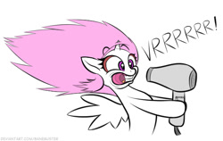 Size: 610x385 | Tagged: safe, artist:banebuster, imported from derpibooru, princess celestia, alicorn, pony, series:tiny tia, blowing, cewestia, cute, cutelestia, female, filly, hair dryer, holding, pink-mane celestia, sillestia, silly, silly pony, simple background, white background, younger