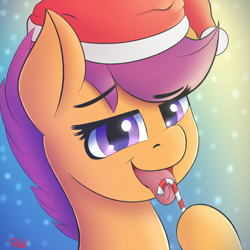 Size: 1800x1800 | Tagged: safe, artist:ponyxwright, imported from derpibooru, scootaloo, pegasus, pony, bust, candy, candy cane, christmas, female, filly, food, gradient background, hat, holiday, licking, santa hat, solo, tongue out