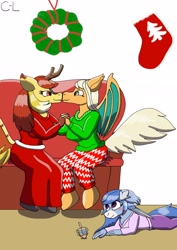 Size: 2480x3508 | Tagged: safe, artist:cyborglucario, imported from derpibooru, oc, oc only, oc:misty tailwind, oc:mystic fire, oc:river tailwind, bat pony, kirin, christmas, christmas stocking, clothes, dreidel, female, holiday, kissing, lesbian, mistfire, oc x oc, shipping, sweater, wreath