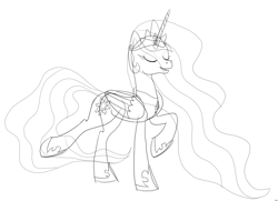 Size: 5300x3840 | Tagged: safe, artist:byteslice, imported from derpibooru, princess celestia, alicorn, pony, eyes closed, female, folded wings, mare, monochrome, raised hoof, simple background, sketch, smiling, solo, standing, white background, wings