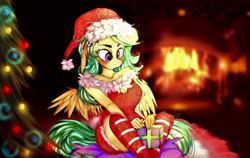 Size: 4758x3000 | Tagged: safe, artist:limonca, imported from derpibooru, oc, oc only, oc:summer ray, anthro, pegasus, blushing, christmas, christmas lights, christmas tree, clothes, dress, fireplace, holiday, present, socks, solo, tree