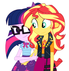 Size: 1096x1139 | Tagged: safe, artist:jcpreactyt, imported from derpibooru, sci-twi, sunset shimmer, twilight sparkle, equestria girls, clothes, couple, duo, duo female, female, hair, holding, holding hands, hug, lesbian, relationship, scitwishimmer, shipping, simple background, skirt, sunsetsparkle, together forever, transparent background