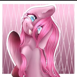 Size: 1080x1080 | Tagged: safe, artist:absentia_miss_loopa, imported from derpibooru, pinkie pie, earth pony, pony, :p, abstract background, blood, bust, female, mare, pinkamena diane pie, tongue out