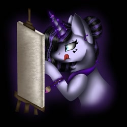 Size: 1080x1079 | Tagged: safe, artist:rxndxm.artist, imported from derpibooru, oc, oc only, pony, unicorn, bust, eyelashes, glowing horn, hair bun, horn, licking, licking lips, magic, makeup, painting, solo, telekinesis, tongue out, unicorn oc