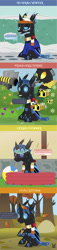 Size: 704x3103 | Tagged: safe, artist:wheatley r.h., derpibooru exclusive, imported from derpibooru, oc, oc only, oc:w. rhinestone eyes, bee, beeling, changeling, insect, 4 panel comic, autumn, bat wings, beach ball, blue changeling, bush, changeling oc, clothes, cold, fim-92 stinger, flower, food, frosting, gun, hair, happy, honey, honeypot changeling, horn, ice cream, jacket, jar, leaf, minecraft, minecraft bee, missile launcher, pool toy, scarf, seasons, snow, snowfall, solo, spanish, spanish text, speech bubble, spring, stinger, stinger (weapon), summer, sweat, tongue out, vector, visor, watermark, weapon, wings, winter