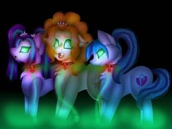 Size: 1080x810 | Tagged: safe, artist:rxndxm.artist, imported from derpibooru, adagio dazzle, aria blaze, sonata dusk, pony, :o, black background, chest fluff, equestria girls ponified, female, glowing eyes, jewelry, mare, necklace, open mouth, ponified, simple background, smiling, the dazzlings