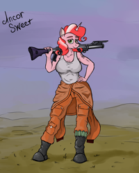 Size: 1600x2000 | Tagged: safe, artist:borsch-zebrovich, imported from derpibooru, oc, oc only, oc:ancor sweet, anthro, plantigrade anthro, breasts, clothes, dc-15, digital art, female, gun, looking at you, overalls, rifle, shirt, solo, star wars, t-shirt, weapon