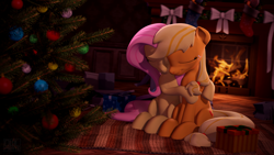 Size: 3840x2160 | Tagged: safe, artist:owlpirate, imported from derpibooru, applejack, fluttershy, earth pony, pegasus, pony, 3d, appleshy, christmas, christmas tree, cuddling, eyes closed, female, fire, fireplace, high res, holiday, hug, lesbian, mare, sfm pony, shipping, sitting, source filmmaker, tree