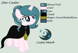 Size: 4496x3080 | Tagged: safe, artist:lominicinfinity, imported from derpibooru, oc, oc only, oc:star caster, pony, unicorn, cloak, clothes, female, mare, reference sheet, simple background, solo