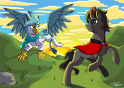 Size: 1280x907 | Tagged: safe, artist:littletigressda, artist:moonlightfan, imported from derpibooru, king sombra, oc, griffon, pony, background, flying, running, sunrise