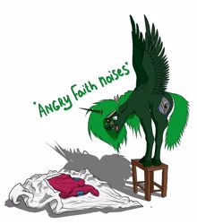 Size: 1901x2160 | Tagged: safe, artist:borsch-zebrovich, imported from derpibooru, oc, oc only, oc:faith overfire, alicorn, pony, fallout equestria, angry, artificial alicorn, blanket, descriptive noise, digital art, fangs, female, green alicorn (fo:e), hissing, simple background, solo, stool, white background, wings