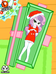 Size: 2650x3507 | Tagged: safe, artist:theminus, imported from derpibooru, sweetie belle, human, equestria girls, bedroom eyes, christmas, clothes, costume, gloves, hat, holiday, long gloves, looking at you, patreon, patreon logo, santa costume, santa hat, show accurate, socks, stocking feet, stockings, thigh highs