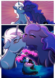 Size: 1280x1807 | Tagged: safe, artist:littletigressda, imported from derpibooru, princess luna, oc, oc:astral ink, alicorn, pony, unicorn, comic, commission, dream realm, fanfic, fanfic art, kiss on the lips, kissing