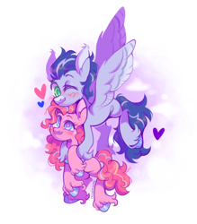 Size: 1312x1500 | Tagged: safe, artist:occultusion, artist:onionpwder, imported from derpibooru, pinkie pie, soarin', earth pony, pegasus, pony, alternate hairstyle, blushing, carrying, crack shipping, duo, female, flying, heart, hug, leg fluff, male, mare, missing cutie mark, one eye closed, shipping, soarinpie, stallion, straight, unshorn fetlocks, wink