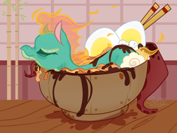 Size: 4000x3000 | Tagged: safe, artist:scarffist, imported from derpibooru, tianhuo, dragon, hybrid, longma, them's fightin' herds, bowl, chopsticks, community related, egg, eyes closed, food, longma in food, noodles, ponies in food, solo, tianhuo (tfh)
