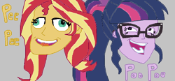 Size: 956x443 | Tagged: safe, imported from derpibooru, sci-twi, sunset shimmer, twilight sparkle, equestria girls, creepy, derp, duo, glasses, gray background, laughing, meme, simple background, stylistic suck, trollface, wat, why, wtf, zimbabwe