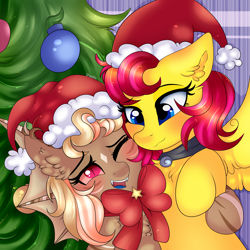 Size: 4852x4850 | Tagged: safe, artist:2pandita, imported from derpibooru, oc, oc only, oc:miziky otonashy, oc:schwin, bat pony, pegasus, pony, absurd resolution, christmas, christmas tree, female, holiday, mare, tree