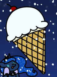 Size: 365x487 | Tagged: safe, artist:flutterluv, imported from derpibooru, princess luna, alicorn, pony, animated, food, ice cream, moon, snow, snowfall, solo