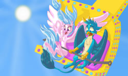 Size: 1920x1152 | Tagged: safe, artist:shaslan, imported from ponybooru, gallus, silverstream, griffon, hippogriff, amusement park, arms in the air, duo, excited, female, male, open mouth, screaming, spread wings, sun, wings