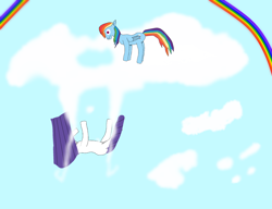 Size: 2600x2000 | Tagged: safe, altbooru exclusive, artist:havock, imported from ponybooru, rainbow dash, rarity, pegasus, pony, unicorn, cloud, falling, female, mare, rainbow, sky, this will end in death