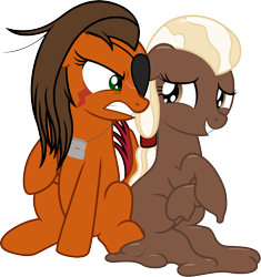 Size: 1418x1507 | Tagged: safe, artist:badumsquish, derpibooru exclusive, imported from derpibooru, oc, oc only, oc:chocolate medley, oc:rustback, goo, goo pony, monster pony, original species, tatzlpony, derpibooru community collaboration, 2021 community collab, angry, bashful, chocolate, dog tags, duo, eyepatch, food, glare, grin, gritted teeth, looking at you, male, melting, nervous, nervous grin, ponytail, raised hoof, rule 63, scar, scared, shiny, side by side, simple background, sitting, smiling, transformation, transgender transformation, transparent background