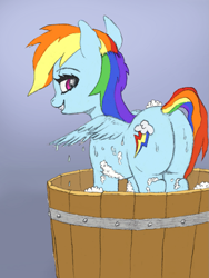 Size: 785x1046 | Tagged: artist needed, source needed, safe, rainbow dash, pegasus, pony, bath, bucket, butt, female, looking at you, looking back, looking back at you, mare, plot, smiling, solo, spread wings, suds, washing, wings