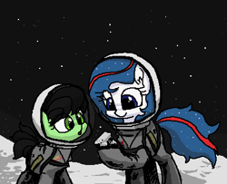 Size: 417x339 | Tagged: safe, artist:plunger, edit, oc, oc:filly anon, oc:nasapone, earth pony, pony, /mlp/, 4chan, cute, duo, eye clipping through hair, female, filly, mare, moon, moon rock, open mouth, smiling, space, spacesuit, stars