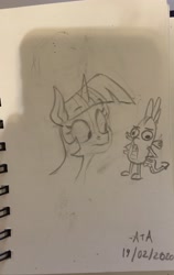 Size: 2513x3982 | Tagged: source needed, safe, artist:anontheanon, spike, twilight sparkle, dragon, pony, unicorn, female, horn, mare, notebook, sketch, traditional art