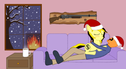 Size: 1000x550 | Tagged: safe, artist:anonymous, imported from ponybooru, oc, oc only, oc:anon, oc:leslie fair, human, pony, /mlpol/, blushing, chocolate, christmas, comfy, couch, cuddling, eyes closed, fireplace, food, gun, gun mount, hat, holiday, hot chocolate, hug, human on pony snuggling, lying down, mug, prone, santa hat, shotgun, smiling, snow, snuggling, tree, weapon, window