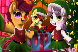 Size: 3150x2100 | Tagged: safe, artist:darksly, imported from derpibooru, apple bloom, scootaloo, sweetie belle, earth pony, pegasus, semi-anthro, unicorn, christmas, christmas tree, clothes, costume, cutie mark crusaders, elf costume, holiday, open mouth, present, red nose, tree