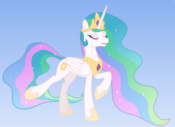 Size: 5300x3840 | Tagged: safe, artist:byteslice, imported from derpibooru, princess celestia, alicorn, pony, .svg available, eyes closed, female, folded wings, gradient background, mare, raised hoof, smiling, solo, standing, svg, vector, wings