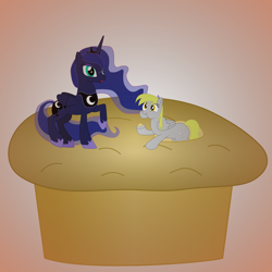 Size: 1600x1600 | Tagged: safe, artist:nate5700, imported from derpibooru, derpy hooves, princess luna, alicorn, pegasus, pony, dream, dream walker luna, food, muffin, simple background, that pony sure does love muffins