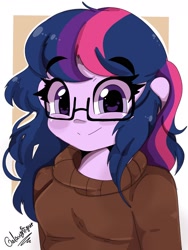 Size: 1440x1920 | Tagged: safe, artist:galaxynightt, imported from derpibooru, sci-twi, twilight sparkle, equestria girls, clothes, cute, glasses, looking at you, smiling, solo, sweater, twiabetes