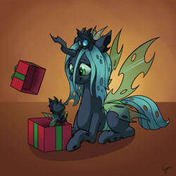 Size: 2195x2195 | Tagged: safe, artist:cyonixcymatro, imported from derpibooru, queen chrysalis, changeling, changeling queen, christmas, christmas changeling, christmas presents, cute, cutealis, eyes closed, female, gift box, gift giving, high res, hnnng, holiday, looking at each other, looking at someone, lying down, male, mommy chrissy, open mouth, present, prone, sitting on head, smiling, spread wings, stray strand, sweet dreams fuel, weapons-grade cute, wings