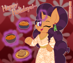 Size: 3000x2600 | Tagged: safe, artist:snakeythingy, imported from derpibooru, saffron masala, allahabadi cake, clothes, dress, food, happy holidays, holiday, looking at you, malai kofta, mutter paneer, one eye closed, story included, wink