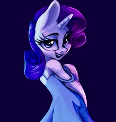 Size: 1327x1392 | Tagged: safe, artist:yaboi97240223, imported from derpibooru, rarity, anthro, pony, clothes, dress, female, looking at you, purple background, simple background, smiling, solo