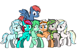 Size: 4096x2700 | Tagged: safe, artist:speedy dashie, artist:speedydashie, derpibooru exclusive, imported from derpibooru, oc, oc only, oc:accurate balance, oc:chela, oc:dramatic fancy, oc:freedom melody, oc:fuchsia, oc:illusory frost, oc:liquid heart, oc:star shadow, oc:utopia, earth pony, pegasus, pony, unicorn, derpibooru community collaboration, 2021 community collab, accopia, blue eyes, clothes, female, gray eyes, green eyes, green skin, group photo, looking at you, multicolored hair, not lyra, ponies, purple eyes, scarf, simple background, smiling, transparent background, ula