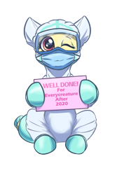 Size: 1200x1800 | Tagged: safe, artist:ravistdash, derpibooru exclusive, imported from derpibooru, oc, oc:массы, earth pony, pony, derpibooru community collaboration, 2021 community collab, clothes, coronavirus, covid-19, environmental suit, face mask, female, gloves, latex, latex gloves, mask, not fluttershy, positive message, positive ponies, sign, simple background, sitting, smiling, transparent background, virus