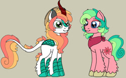 Size: 1024x629 | Tagged: safe, artist:rosefang16, imported from derpibooru, oc, oc only, oc:acacia, oc:orchard fire, kirin, pony, brother and sister, brown background, duo, female, interspecies offspring, kirin hybrid, male, offspring, parent:big macintosh, parent:oc:dahlia, parents:canon x oc, siblings, simple background