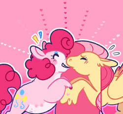 Size: 1024x951 | Tagged: safe, artist:babypaste, artist:goatpaste, imported from derpibooru, fluttershy, pinkie pie, earth pony, pegasus, pony, eyes closed, female, flutterpie, kissing, lesbian, mare, pink background, shipping, simple background